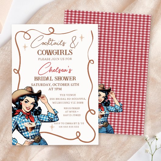Retro Blue Brown Cocktails Cowgirls Brautparty Einladung