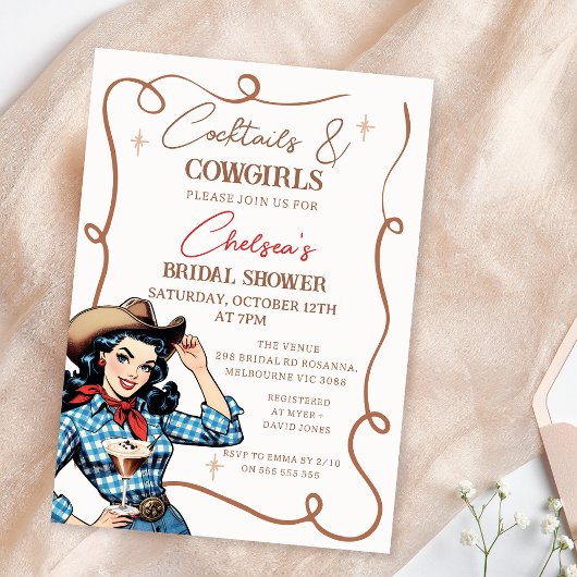 Retro Blue Brown Cocktails Cowgirls Brautparty Einladung