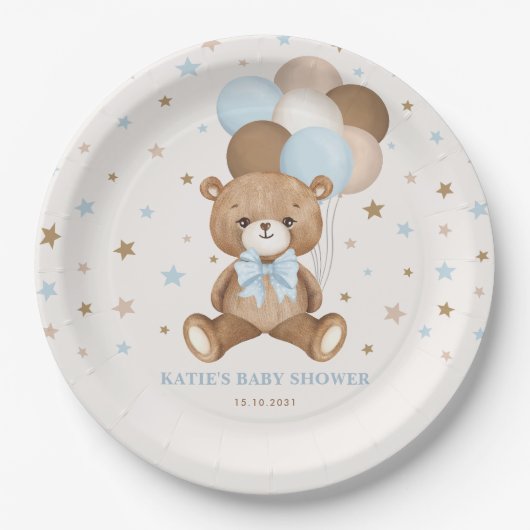 Retro Blue Brown Teddy Bären Balloons Boy Party Pappteller (Vorderseite)