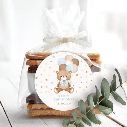 Retro Blue Brown Teddy Bären Balloons Boy Party Runder Aufkleber