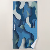 Retro Blue Camouflage Waves Modernes Monogramm Strandtuch (Vorderseite)