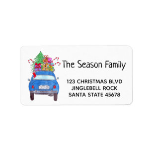 Retro Blue Car mit Weihnachtsgeschenken Adressaufkleber