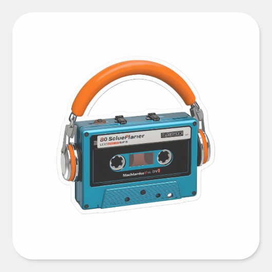 Retro Blue Cassette Tape with Orange Headphones St Quadratischer Aufkleber (Vorderseite)