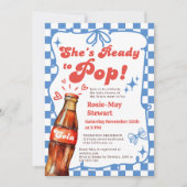 Retro Blue Checker Ready to Pop Cola Baby Shower Einladung (Vorderseite)
