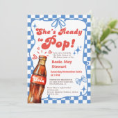 Retro Blue Checker Ready to Pop Cola Baby Shower Einladung (Stehend Vorderseite)