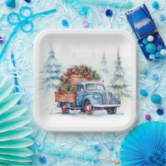 Retro Blue Christmas Truck Pappteller (Party)