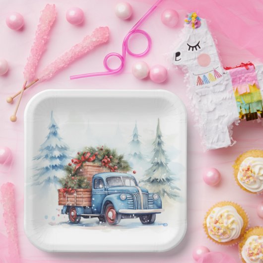 Retro Blue Christmas Truck Pappteller (Party)
