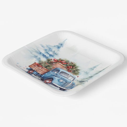 Retro Blue Christmas Truck Pappteller (Gewinkelt)