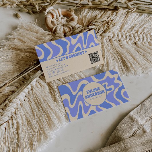 Retro Blue Cream 70s Boho Groovy Trendy QR Code Visitenkarte