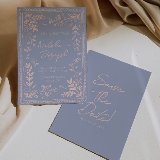 Retro Blue Cream Drawn Floral Garden Save The Date
