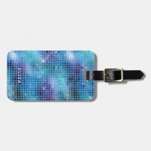 Retro Blue Disco Mirror | Monogramm Gepäckanhänger (Vorderseite horizontal)