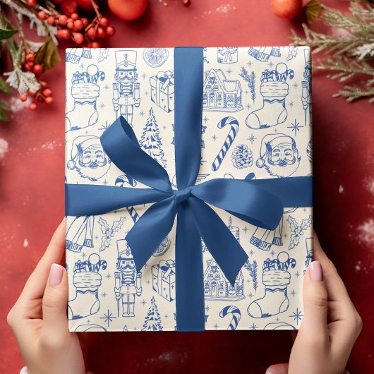 Retro Blue Doodle Weihnachtswrapping Paper Geschenkpapier Set