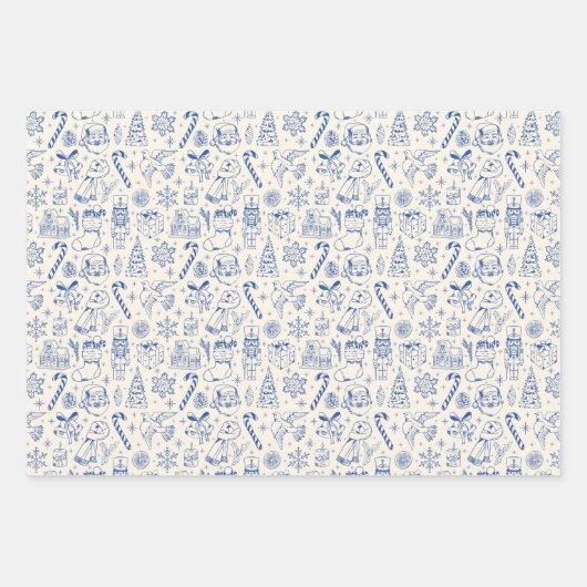 Retro Blue Doodle Weihnachtswrapping Paper Geschenkpapier Set (Vorderseite 2)
