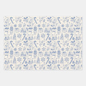 Retro Blue Doodle Weihnachtswrapping Paper Geschenkpapier Set (Vorderseite)