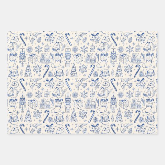 Retro Blue Doodle Weihnachtswrapping Paper Geschenkpapier Set (Vorderseite)