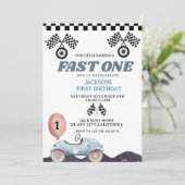 Retro Blue Fast one Boy 1st Birthday Car Boys Einladung (Stehend Vorderseite)