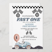 Retro Blue Fast one Boy 1st Birthday Car Boys Einladung (Vorne/Hinten)