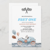 Retro Blue Fast one Boy 1st Birthday Car Boys Einladung (Vorne/Hinten)
