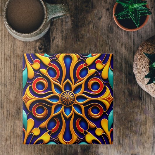 Retro Blue Floral Art Deco Illustration Fliese