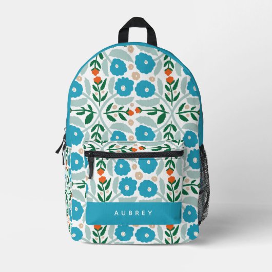 Retro Blue Floral Muster Bedruckter Rucksack (Vorderseite)