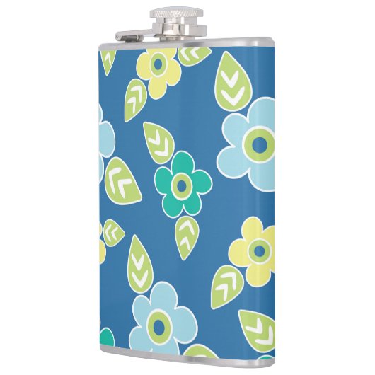 Retro Blue Flowers Muster Flachmann (Links)