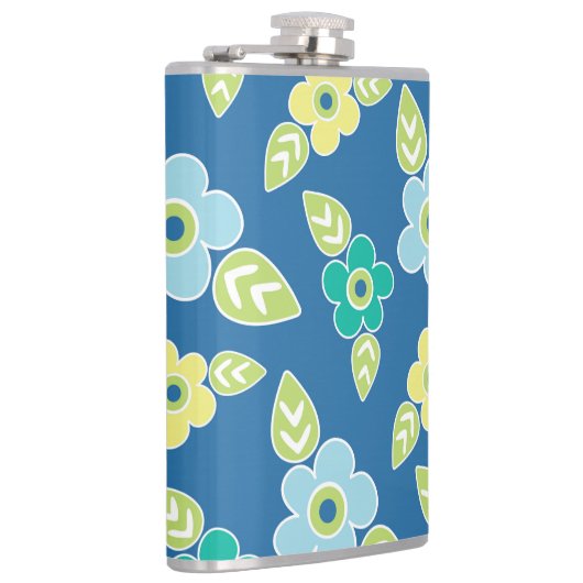 Retro Blue Flowers Muster Flachmann (Rechts)