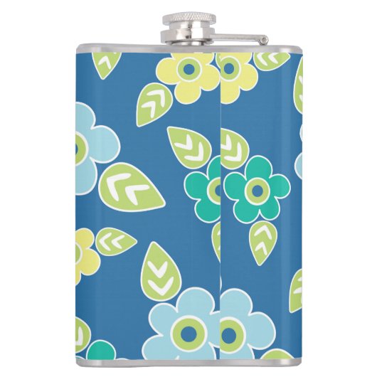 Retro Blue Flowers Muster Flachmann (Rückseite)