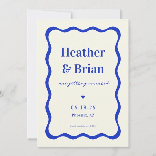 Retro Blue French Squiggle Einzigartige Hochzeit Save The Date (Vorderseite)