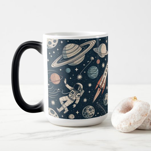 Retro Blue Galaxy Exploration Verwandlungstasse (Mit Donut)
