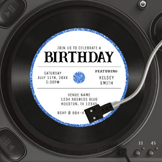 Retro Blue Glitzer Vinyl Record Geburtstagsparty Einladung