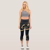Retro Blue Gold Swirl Liquid Painting Design Capri Leggings (Vorderseite)