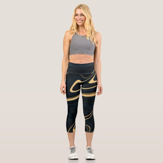 Retro Blue Gold Swirl Liquid Painting Design Capri Leggings (Vorderseite)