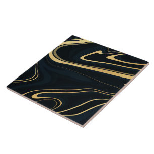 Retro Blue Gold Swirl Liquid Painting Design Fliese