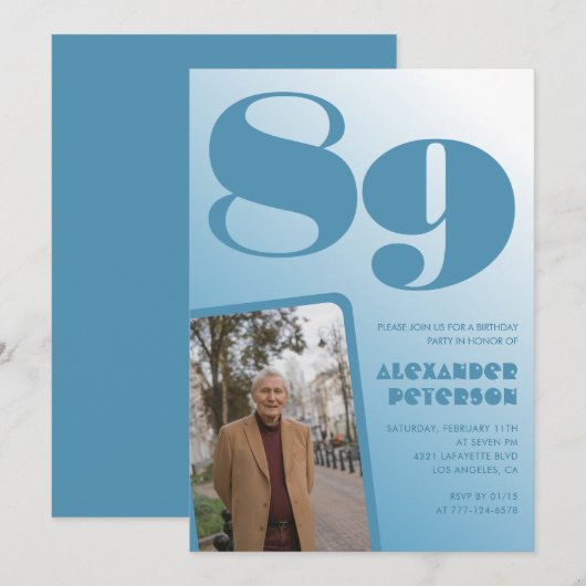 Retro Blue Gradient Foto 89. Geburtstag Einladung (Vorne/Hinten)