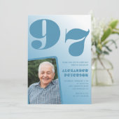 Retro Blue Gradient Foto 97. Geburtstag Einladung (Stehend Vorderseite)