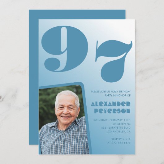Retro Blue Gradient Foto 97. Geburtstag Einladung (Vorne/Hinten)