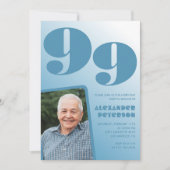 Retro Blue Gradient Foto 99. Geburtstag Einladung (Vorderseite)