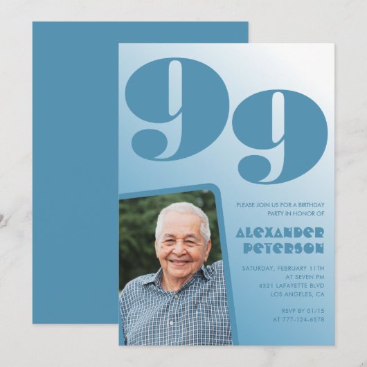 Retro Blue Gradient Foto 99. Geburtstag Einladung (Vorne/Hinten)
