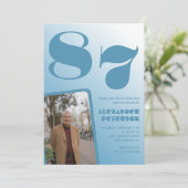 Retro Blue Gradient Foto Männer 87. Geburtstag Einladung (Stehend Vorderseite)