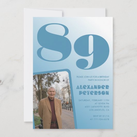 Retro Blue Gradient Foto Männer 89. Geburtstag Einladung (Vorderseite)