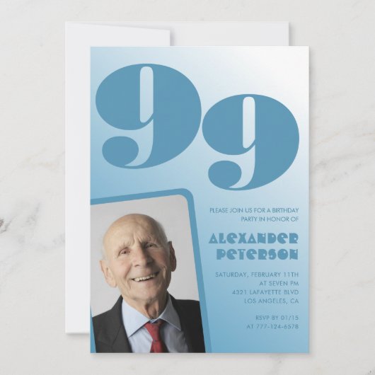 Retro Blue Gradient Foto Männer 99. Geburtstag Einladung (Vorderseite)