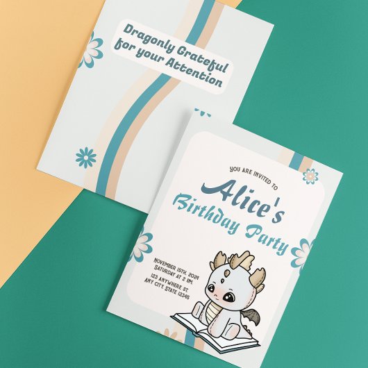 Retro Blue Gray Pastel Baby Dragon Birthday Einladung