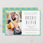 Retro Blue Green Checkerboard Bat Mitzvah Foto Einladung (Vorne/Hinten)