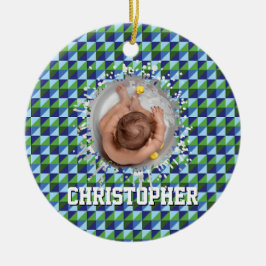 Retro Blue & Green Geometric Abstract Baby Keramik Ornament
