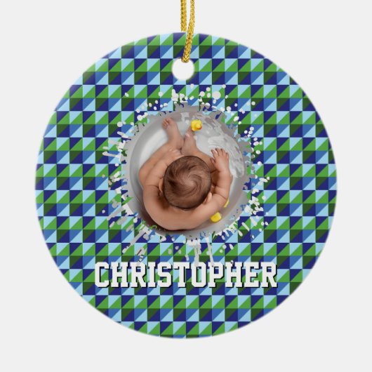 Retro Blue & Green Geometric Abstract Baby Keramik Ornament (Vorne)