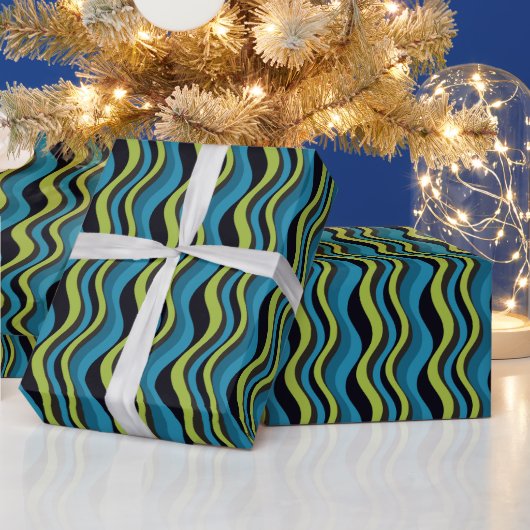 Retro Blue Green Grey Sea Waves Muster Geschenkpapier (Feiertage)