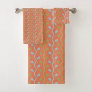Retro Blue & Green Vines auf orangefarbenem Muster Badhandtuch Set