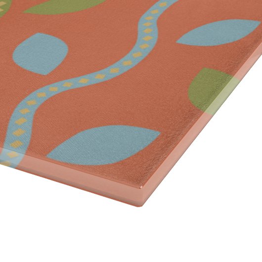 Retro Blue & Green Vines auf orangefarbenem Muster Schneidebrett (Ecke)