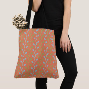 Retro Blue & Green Vines auf orangefarbenem Muster Tasche