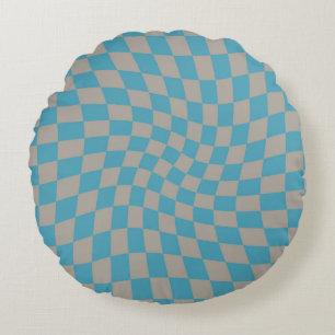 Retro Blue Grey Karos Warped Checkered Rundes Kissen